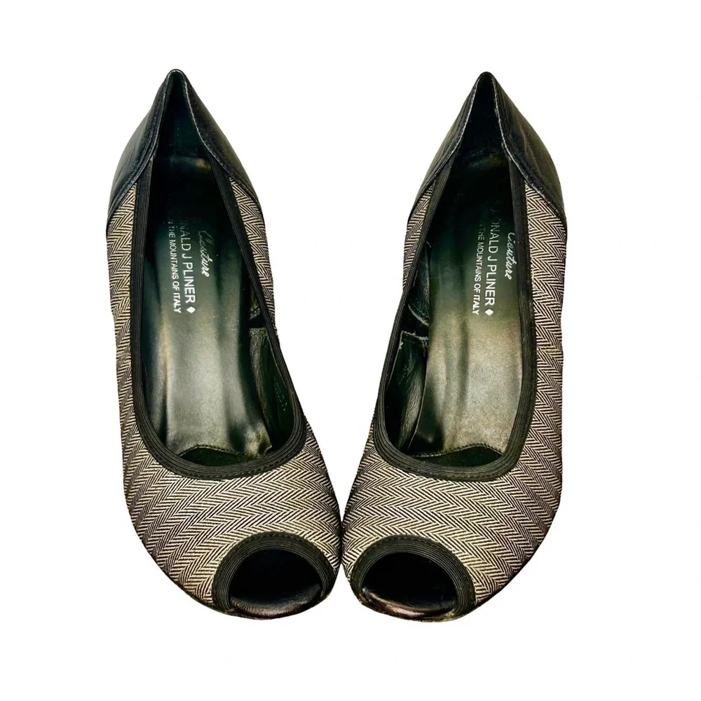 Italian Couture Donald J. Pliner Designer Black & Tan Peep-Toe Heels, 8 1/2 M